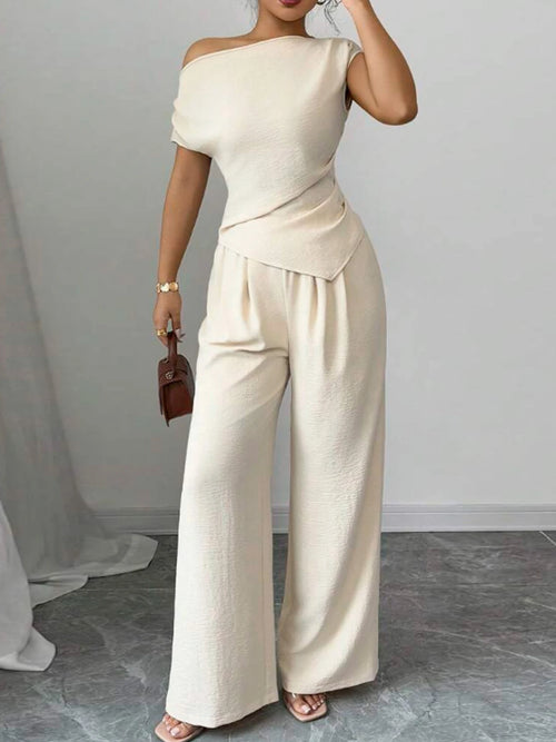 Elegant Pure Color Ladies Asymmetric Top And Wide Leg Pants 2-Piece Set for Commuting Casual Vacations Fashionable New Arrival