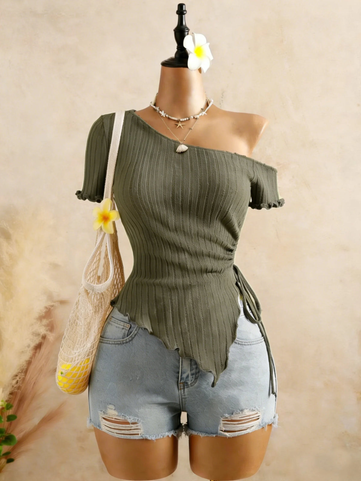 Ribbed One Shoulder Asymmetrical Top Casual Short Sleeve Ruffle Hem Drawstring Ruched Top