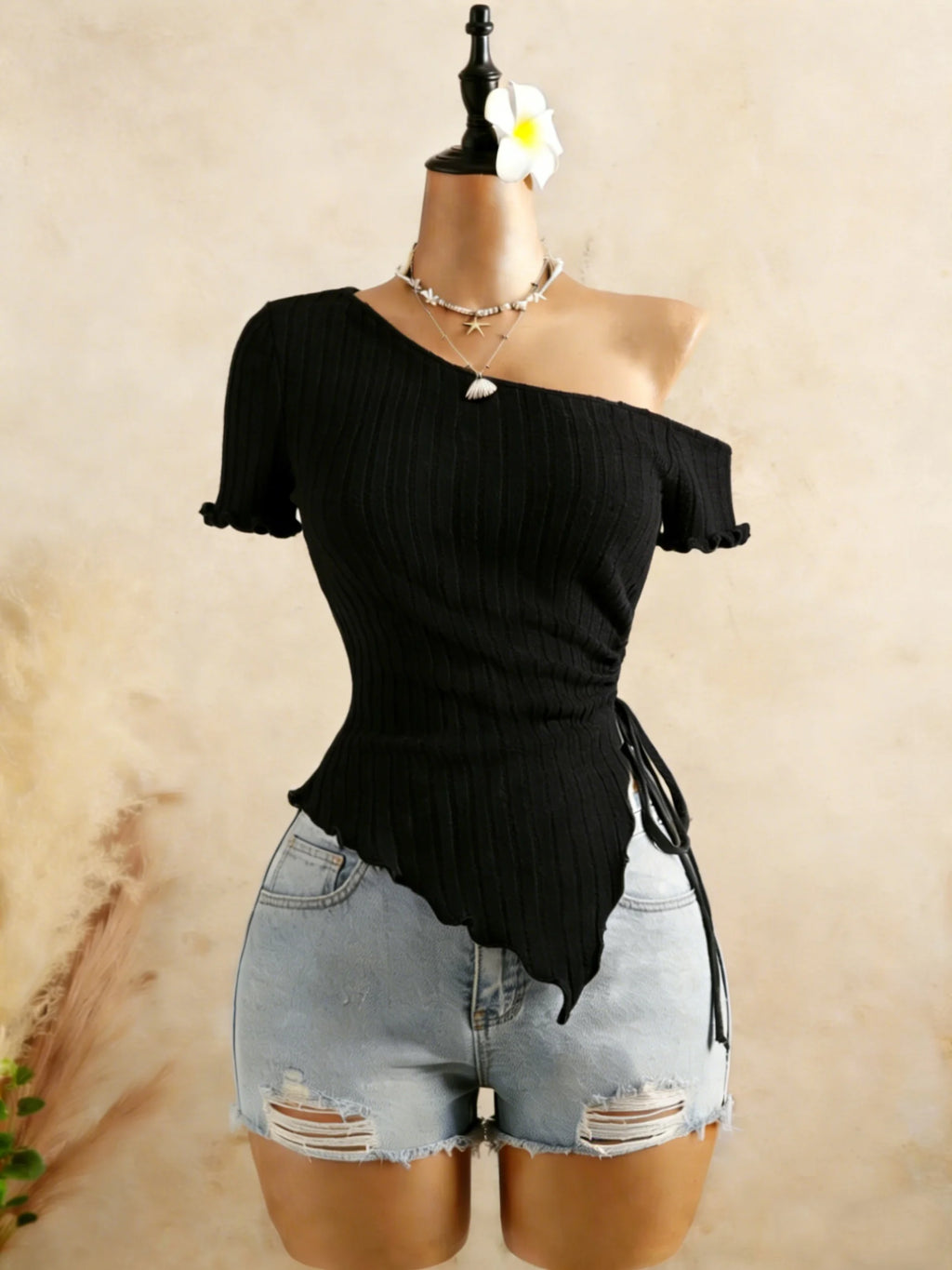 Ribbed One Shoulder Asymmetrical Top Casual Short Sleeve Ruffle Hem Drawstring Ruched Top