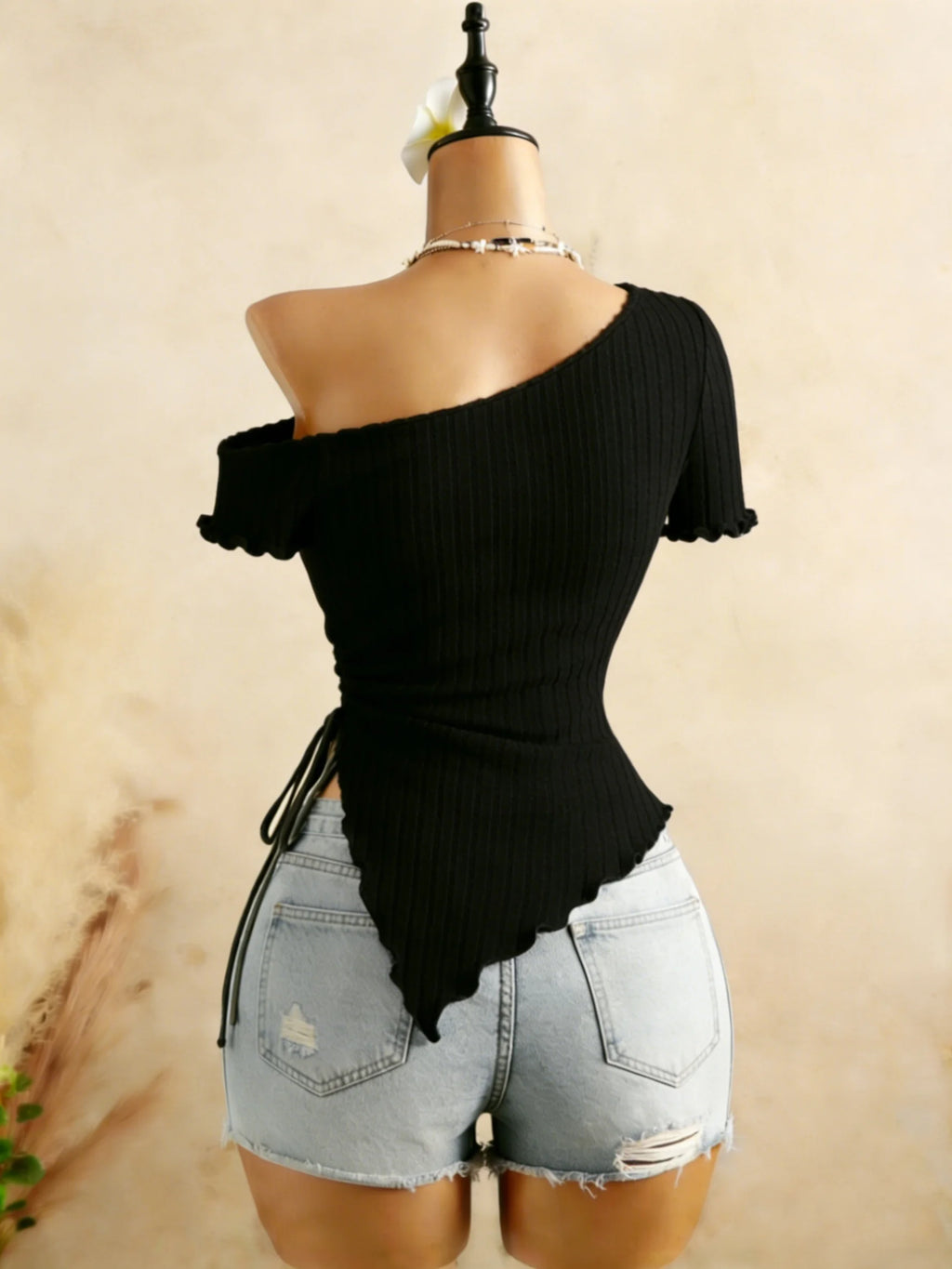 Ribbed One Shoulder Asymmetrical Top Casual Short Sleeve Ruffle Hem Drawstring Ruched Top