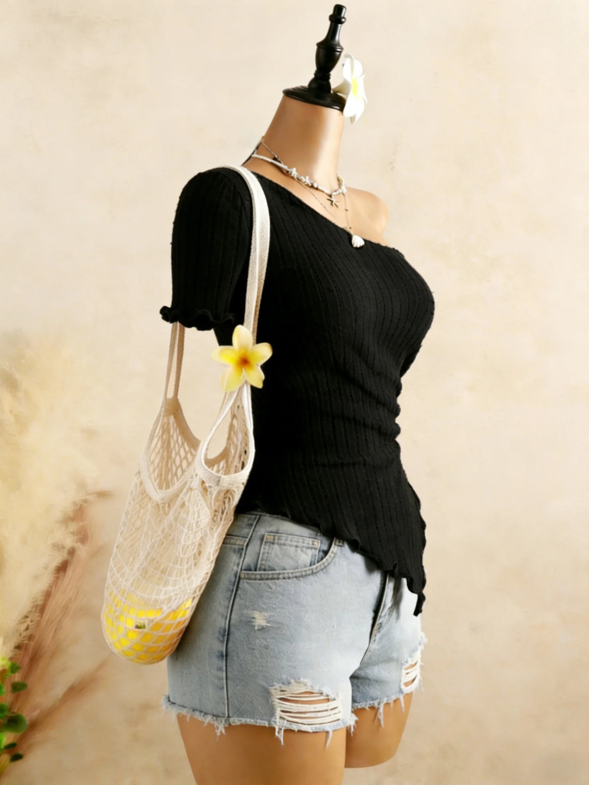 Ribbed One Shoulder Asymmetrical Top Casual Short Sleeve Ruffle Hem Drawstring Ruched Top