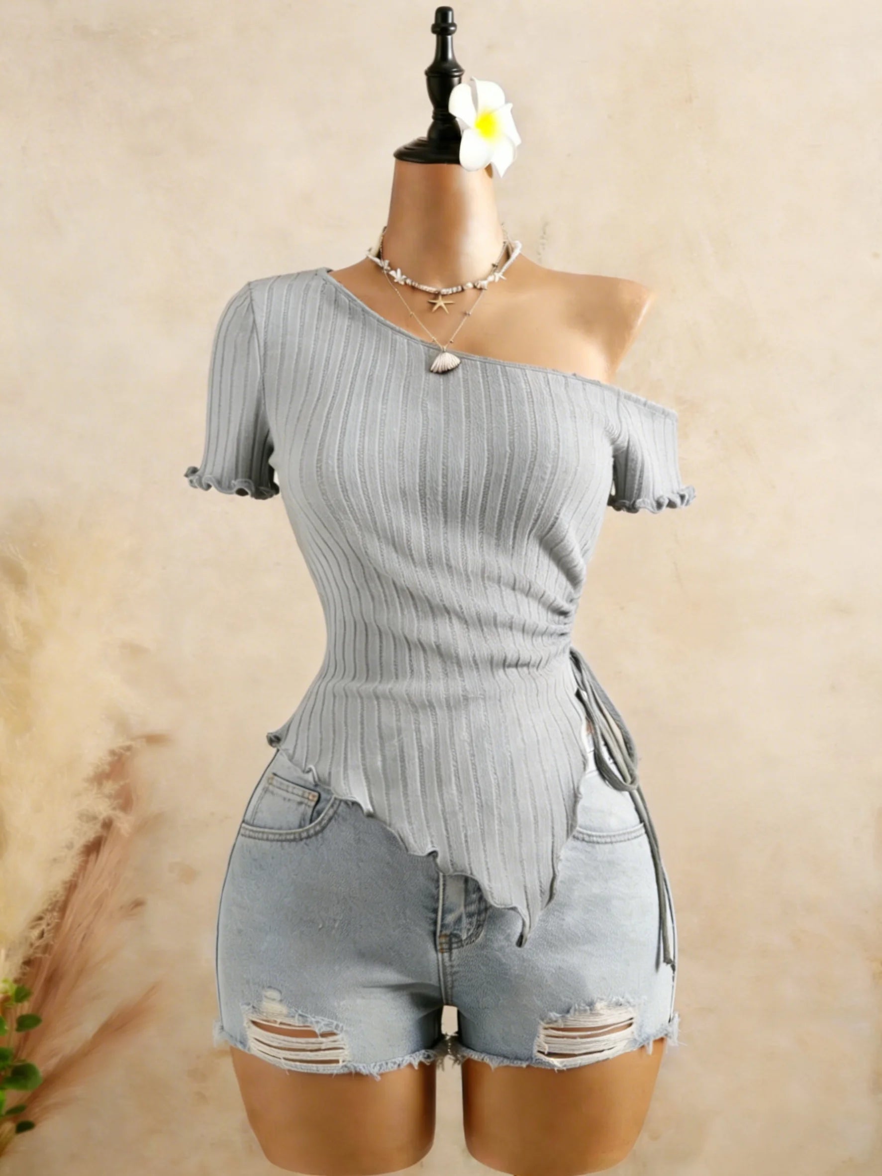 Ribbed One Shoulder Asymmetrical Top Casual Short Sleeve Ruffle Hem Drawstring Ruched Top