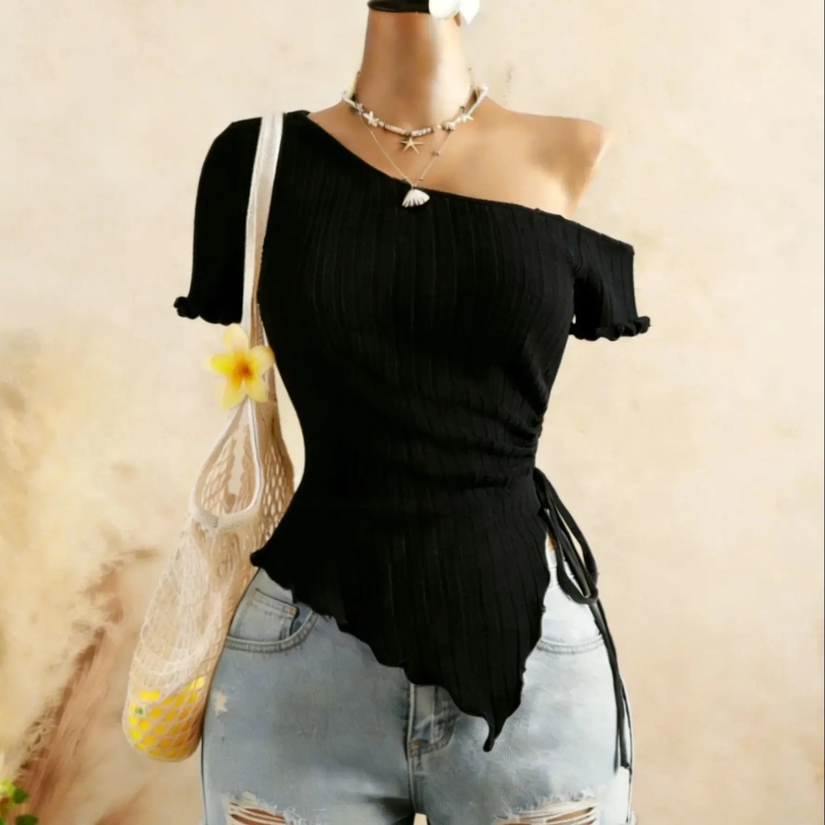 Ribbed One Shoulder Asymmetrical Top Casual Short Sleeve Ruffle Hem Drawstring Ruched Top