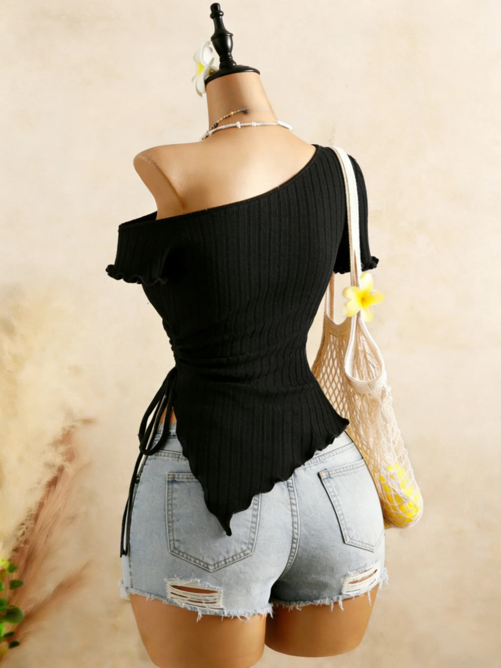 Ribbed One Shoulder Asymmetrical Top Casual Short Sleeve Ruffle Hem Drawstring Ruched Top