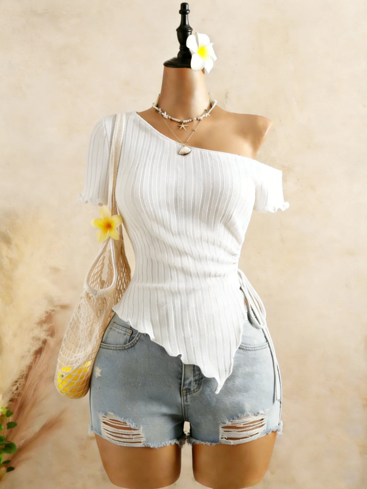 Ribbed One Shoulder Asymmetrical Top Casual Short Sleeve Ruffle Hem Drawstring Ruched Top