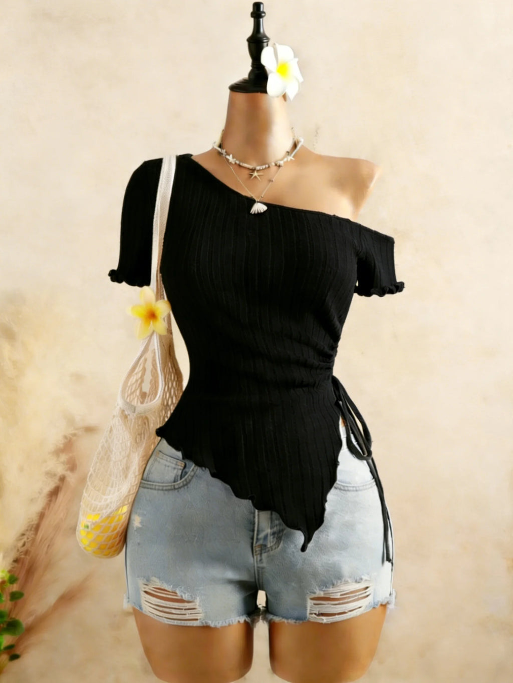 Ribbed One Shoulder Asymmetrical Top Casual Short Sleeve Ruffle Hem Drawstring Ruched Top