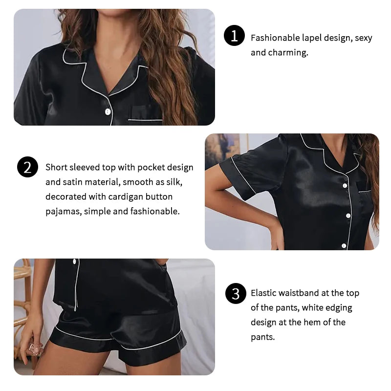 Pajamas Set Satin Sleepwear Button Down Tops and Shorts Pajama 2 Piece Suit Pyjama Femme Nightwear Loungewear for Summer